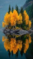 Vibrant autumn colors reflect on calm lake surface from small island surrounded by evergreen trees photo
