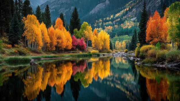 Vibrant autumn colors reflected in a tranquil lake surrounded by mountains and trees at sunset photo
