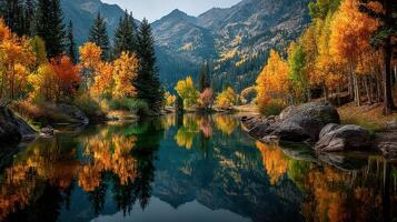 Autumn colors reflect in tranquil lake surrounded by mountains and trees in a serene natural landscape photo