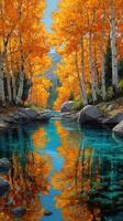 Golden autumn trees line a serene river in a tranquil natural setting during the fall season photo