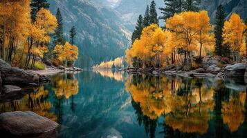 Stunning autumn landscape with vibrant yellow trees reflecting on a calm lake in the mountains photo