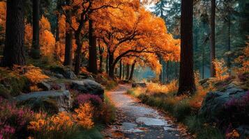 Autumn forest path lined with vibrant orange trees and blooming flowers in early morning light photo