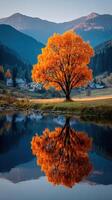 Colorful autumn tree reflects in still water with mountains in the background near a quaint village at dusk photo