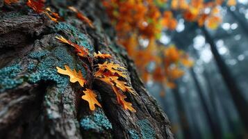 Beautiful autumn leaves cling to a textured tree bark in a serene forest setting during foggy morning hours photo