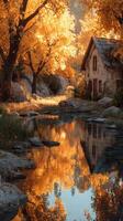 Charming house among autumn trees reflecting in serene water at sunset in a tranquil natural setting photo