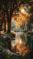 Tranquil autumn afternoon by the riverside with golden leaves reflecting on the water photo