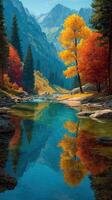 Bright autumn colors reflect in a tranquil mountain stream surrounded by forested hills and snow-capped peaks photo
