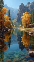 Majestic autumn landscape with colorful trees reflecting in a tranquil river surrounded by mountains in clear daylight photo