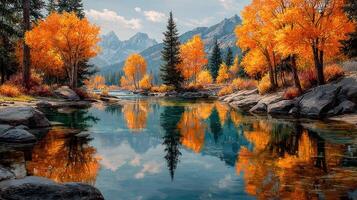 Vibrant autumn landscape with colorful trees reflecting on a calm river in the mountains photo