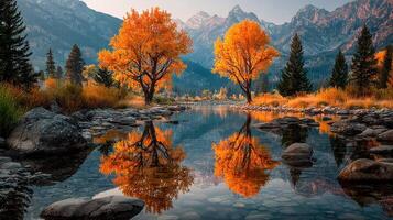 Vibrant autumn reflections in a serene mountain river surrounded by golden foliage and majestic peaks photo