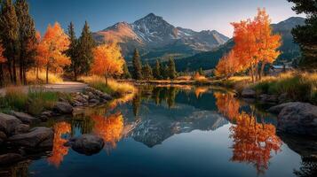 Autumn landscape featuring vibrant orange trees reflecting on a tranquil lake near mountains during sunset photo