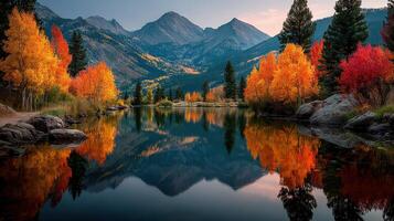 Vibrant autumn foliage reflecting on a tranquil lake surrounded by majestic mountains at dusk photo