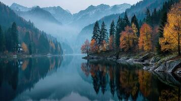 Majestic autumn landscape with serene lake and towering mountains at dawn photo