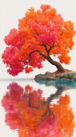 Vibrant autumn tree with striking orange leaves reflected in calm water photo