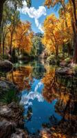 Vibrant autumn foliage reflects on serene lake in a picturesque park on a sunny day photo