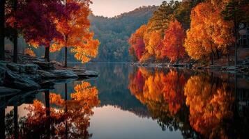 Autumn colors reflect beautifully on calm water in a serene landscape at sunset photo