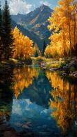 Vibrant autumn landscape with golden trees and serene mountain reflections in a clear lake photo