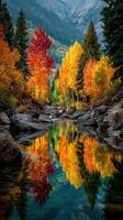Colorful autumn foliage reflects in a serene river surrounded by mountains in a tranquil landscape photo