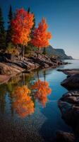 Autumn reflection of vibrant trees along a calm river in a serene natural landscape photo