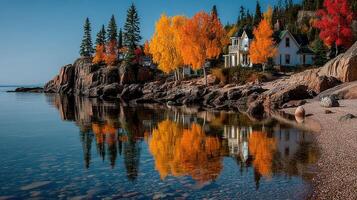 Stunning autumn reflection of colorful trees and a cozy house by the lake in a peaceful landscape photo