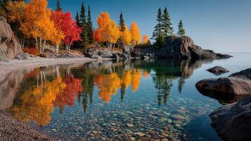 Vibrant autumn colors reflected in a tranquil lake surrounded by rocky shoreline and tall trees in the morning light photo