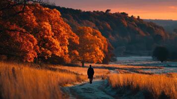 Walking through a serene autumn landscape with vibrant orange trees at sunset in a tranquil environment photo