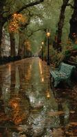 A tranquil park path with wet ground reflecting street lamps and autumn trees on a rainy day in the city photo