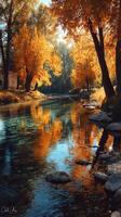 Beautiful autumn landscape with golden trees reflecting in a calm river photo