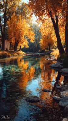 Beautiful autumn landscape with golden trees reflecting in a calm river