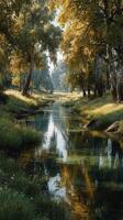 Scenic autumn landscape with a serene river flowing through lush greenery photo