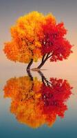 Vibrant autumn trees reflect in tranquil waters at sunrise in a serene landscape photo