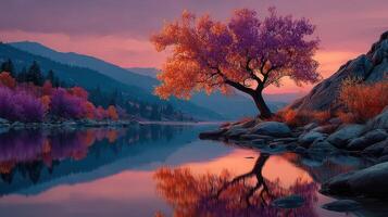 Colorful autumn landscape featuring a solitary tree by the river during sunset in a mountainous area photo