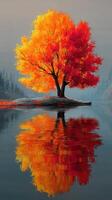 Vibrant autumn tree reflected in still water with colorful leaves at a tranquil lakeside photo
