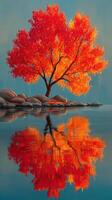 Autumn tree reflects brilliantly in calm water during sunset photo
