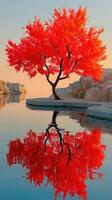 Vibrant red tree stands majestically by calm water in serene landscape during sunset photo