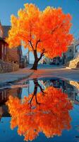 Vibrant orange tree reflecting in puddle on quaint street during autumn afternoon in a small town photo