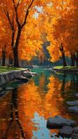 Vibrant autumn landscape with orange trees reflecting in a serene river during midday in a tranquil park setting photo