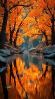 Autumn colors reflect in a serene river surrounded by vibrant orange trees during a peaceful morning photo