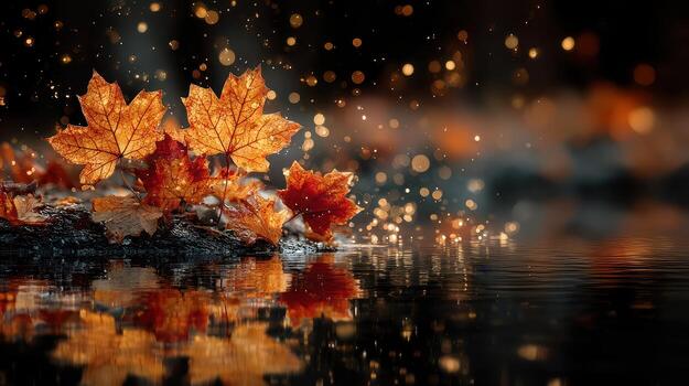 Autumn leaves floating on water with shimmering reflections in a serene setting photo