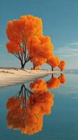 Autumn trees reflect in calm river water under a clear blue sky near a sandy shore in a picturesque landscape photo