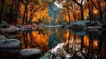 Fall colors reflecting in a serene river surrounded by trees at sunset in a beautiful natural landscape photo