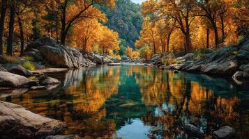 Autumn colors reflect in calm river surrounded by golden foliage in early morning light photo