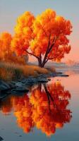 Breathtaking autumn landscape with a vibrant orange tree reflecting in calm waters during sunset photo