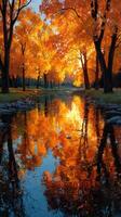 Vibrant autumn colors reflecting in a tranquil river during sunset in a serene park setting photo