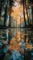 Autumn foliage reflects in calm forest pond during early morning light in serene woodland area photo