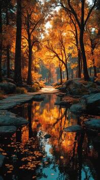 Autumn tranquility in a forest with golden leaves reflecting in a serene water stream near rocky outcrops photo