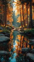 Autumn forest landscape with a tranquil stream surrounded by vibrant orange trees photo