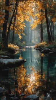 Vibrant autumn leaves reflecting in a tranquil stream surrounded by tall trees photo