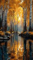 Tranquil autumn landscape with golden leaves reflected in a serene river at sunrise photo