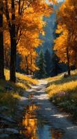 Vibrant autumn landscape with golden trees lining a serene path reflecting sunlight in the forest photo